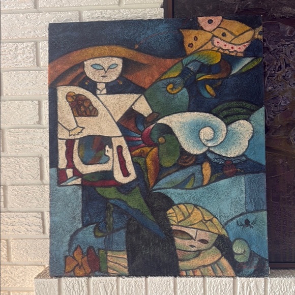 Hand Crafted Other - Abstract vintage cubism art signed fiber glass Art Canvas with Vibrant Colors